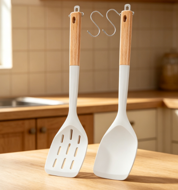 2 Piece Silicone Spatula Set with Wooden Handles: Heat Resistant Design